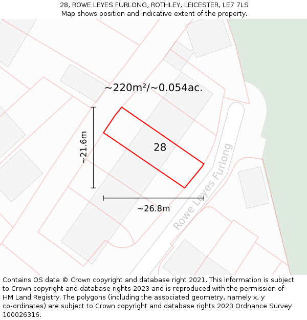 28, ROWE LEYES FURLONG, ROTHLEY, LEICESTER, LE7 7LS: Plot and title map