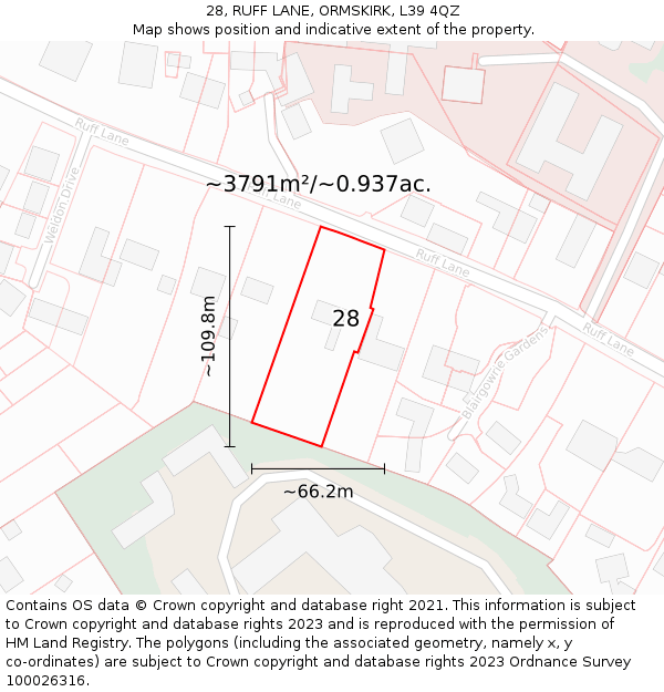 28, RUFF LANE, ORMSKIRK, L39 4QZ: Plot and title map