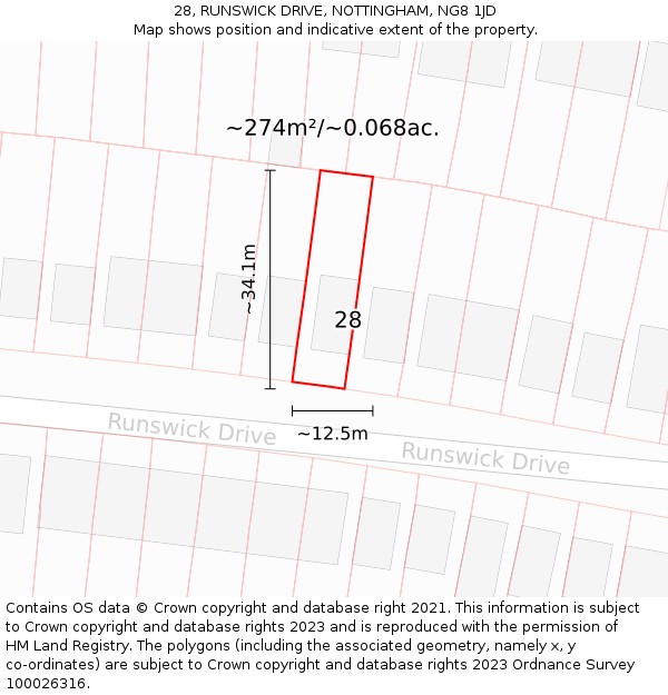 28, RUNSWICK DRIVE, NOTTINGHAM, NG8 1JD: Plot and title map