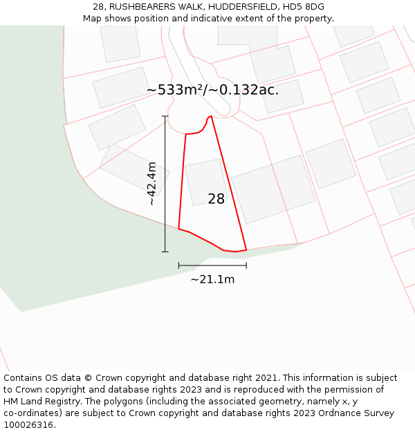 28, RUSHBEARERS WALK, HUDDERSFIELD, HD5 8DG: Plot and title map