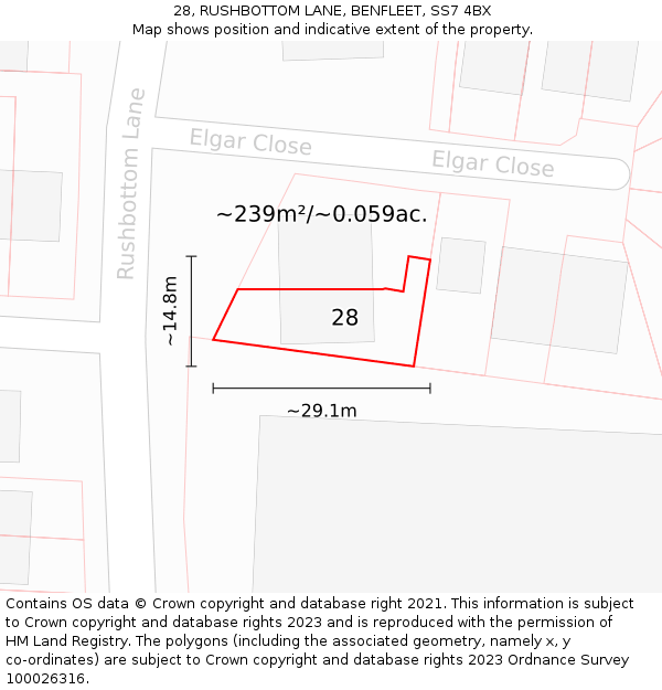 28, RUSHBOTTOM LANE, BENFLEET, SS7 4BX: Plot and title map
