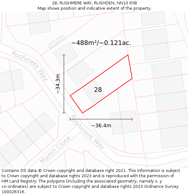 28, RUSHMERE WAY, RUSHDEN, NN10 6YB: Plot and title map