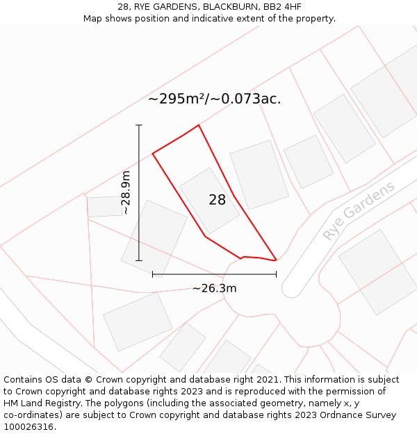 28, RYE GARDENS, BLACKBURN, BB2 4HF: Plot and title map