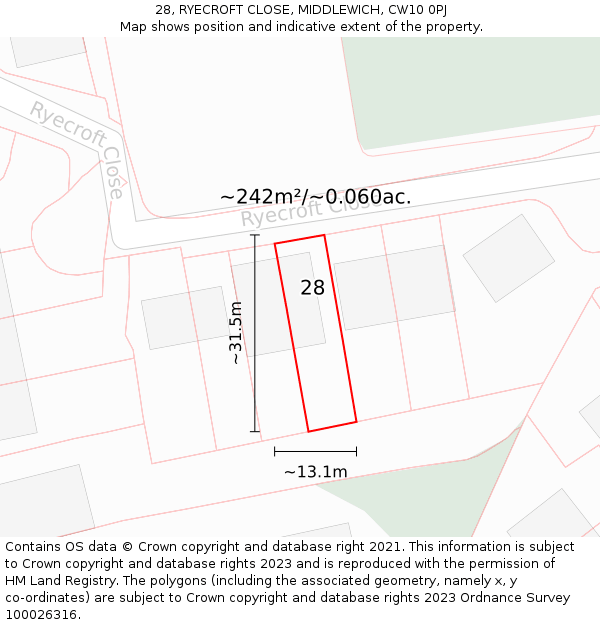 28, RYECROFT CLOSE, MIDDLEWICH, CW10 0PJ: Plot and title map