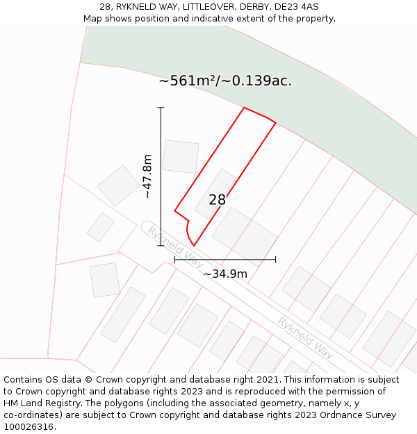 28, RYKNELD WAY, LITTLEOVER, DERBY, DE23 4AS: Plot and title map