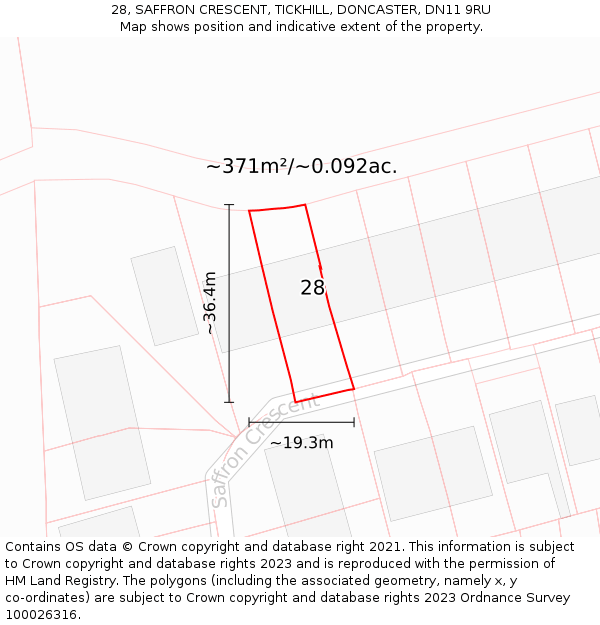 28, SAFFRON CRESCENT, TICKHILL, DONCASTER, DN11 9RU: Plot and title map
