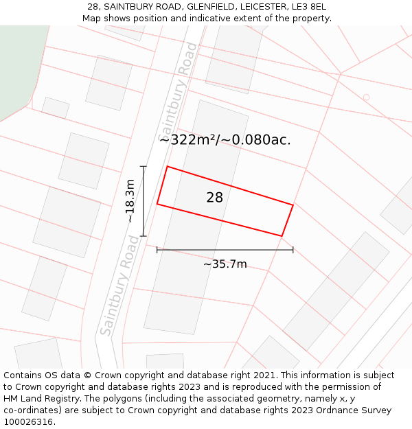 28, SAINTBURY ROAD, GLENFIELD, LEICESTER, LE3 8EL: Plot and title map