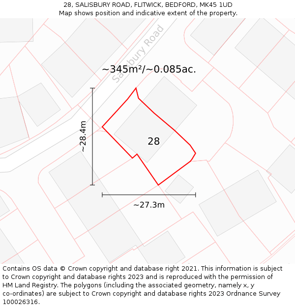 28, SALISBURY ROAD, FLITWICK, BEDFORD, MK45 1UD: Plot and title map