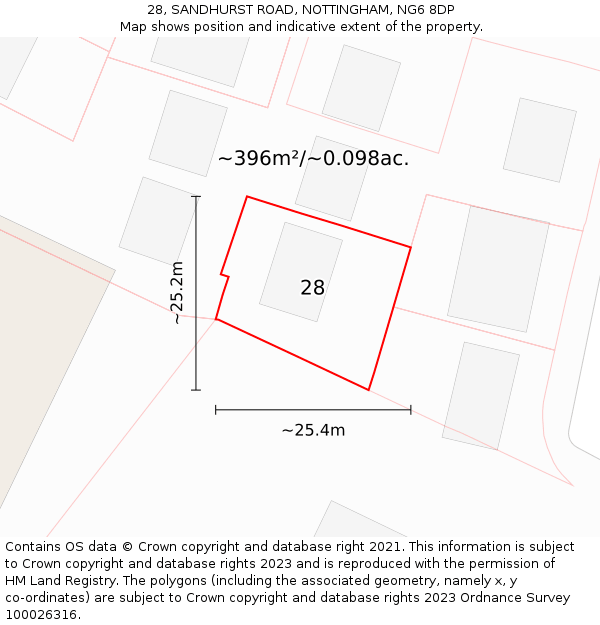 28, SANDHURST ROAD, NOTTINGHAM, NG6 8DP: Plot and title map