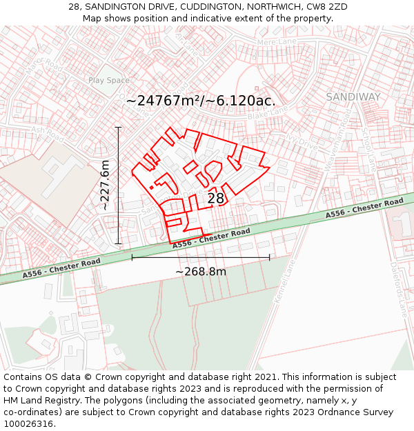 28, SANDINGTON DRIVE, CUDDINGTON, NORTHWICH, CW8 2ZD: Plot and title map