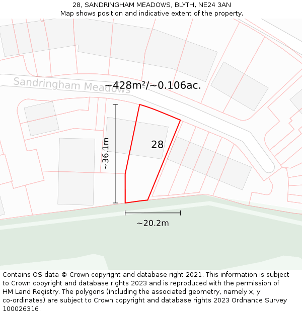 28, SANDRINGHAM MEADOWS, BLYTH, NE24 3AN: Plot and title map