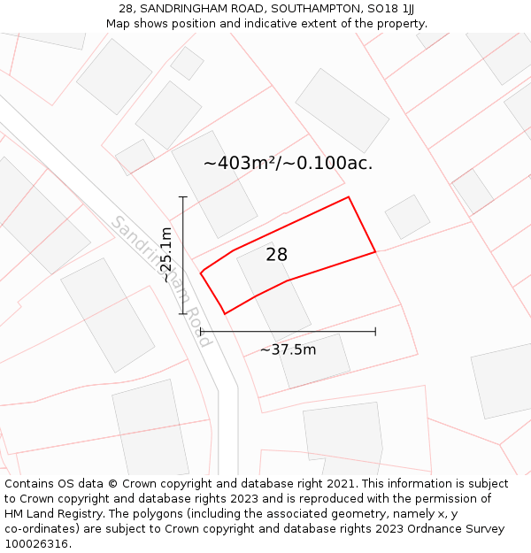 28, SANDRINGHAM ROAD, SOUTHAMPTON, SO18 1JJ: Plot and title map