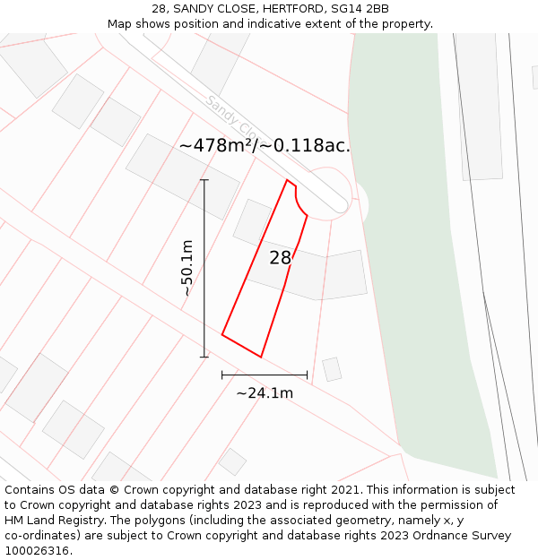 28, SANDY CLOSE, HERTFORD, SG14 2BB: Plot and title map
