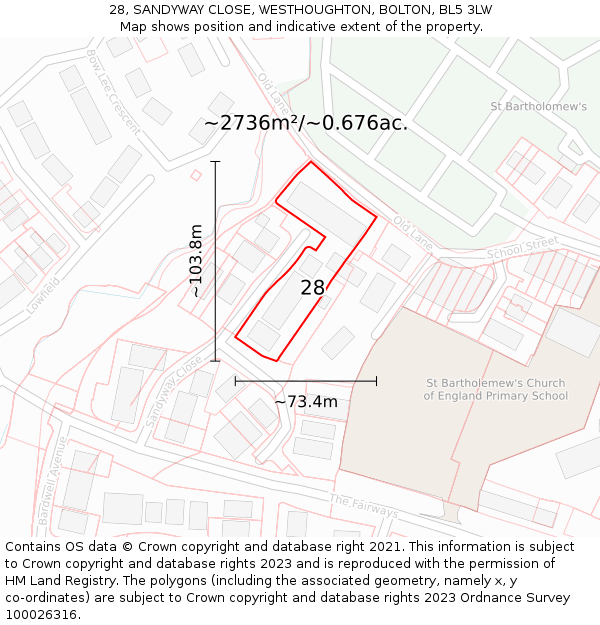 28, SANDYWAY CLOSE, WESTHOUGHTON, BOLTON, BL5 3LW: Plot and title map
