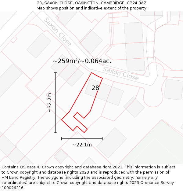 28, SAXON CLOSE, OAKINGTON, CAMBRIDGE, CB24 3AZ: Plot and title map