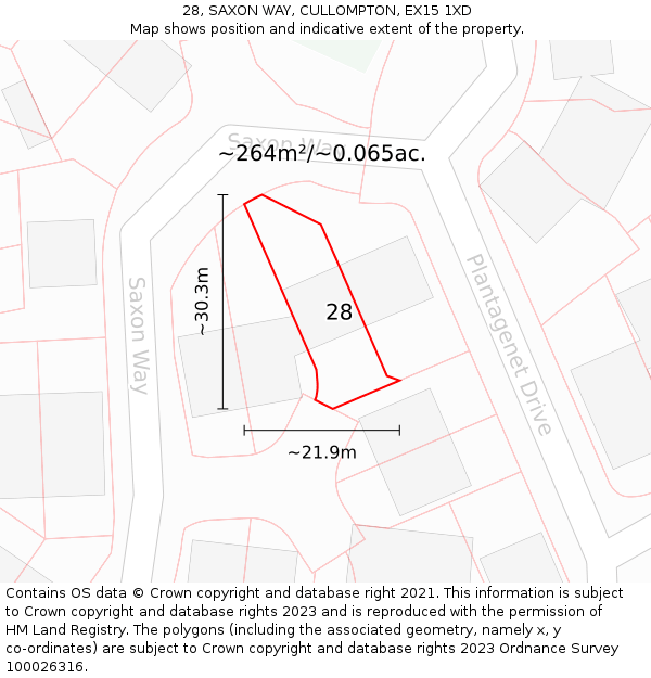 28, SAXON WAY, CULLOMPTON, EX15 1XD: Plot and title map