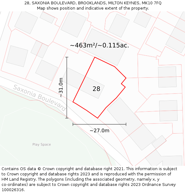 28, SAXONIA BOULEVARD, BROOKLANDS, MILTON KEYNES, MK10 7FQ: Plot and title map