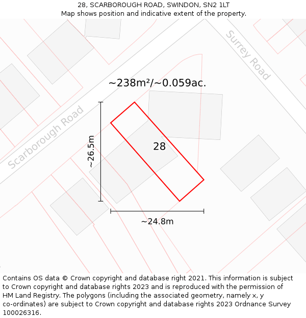 28, SCARBOROUGH ROAD, SWINDON, SN2 1LT: Plot and title map