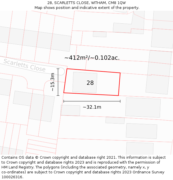 28, SCARLETTS CLOSE, WITHAM, CM8 1QW: Plot and title map