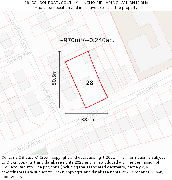 28, SCHOOL ROAD, SOUTH KILLINGHOLME, IMMINGHAM, DN40 3HX: Plot and title map
