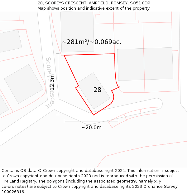 28, SCOREYS CRESCENT, AMPFIELD, ROMSEY, SO51 0DP: Plot and title map