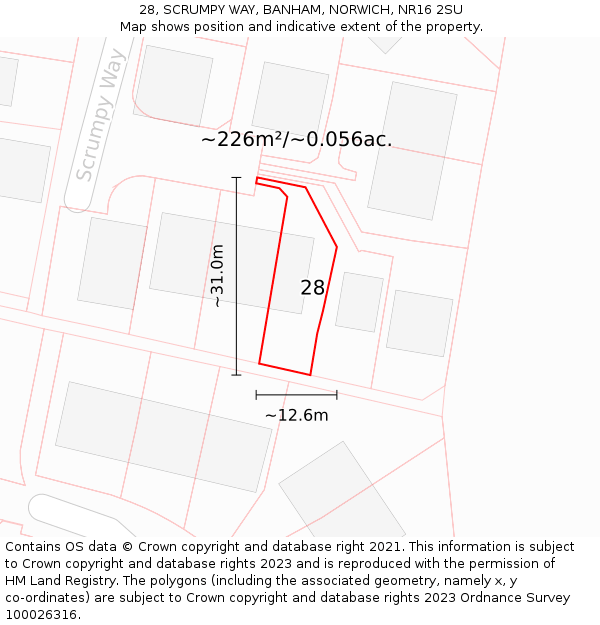 28, SCRUMPY WAY, BANHAM, NORWICH, NR16 2SU: Plot and title map
