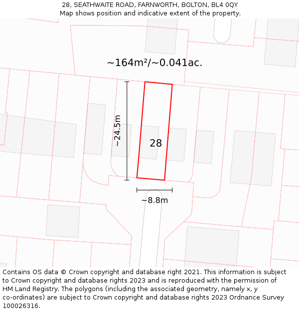 28, SEATHWAITE ROAD, FARNWORTH, BOLTON, BL4 0QY: Plot and title map