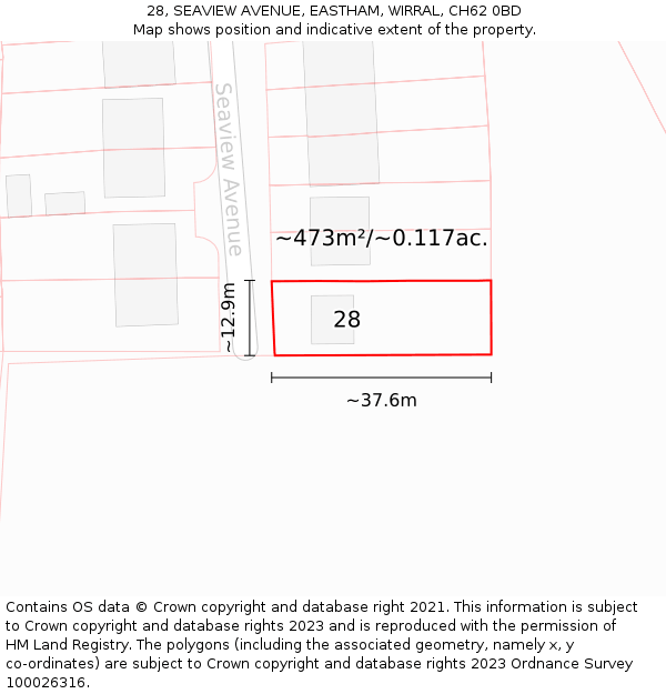 28, SEAVIEW AVENUE, EASTHAM, WIRRAL, CH62 0BD: Plot and title map