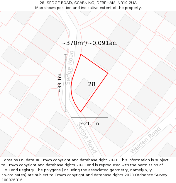 28, SEDGE ROAD, SCARNING, DEREHAM, NR19 2UA: Plot and title map