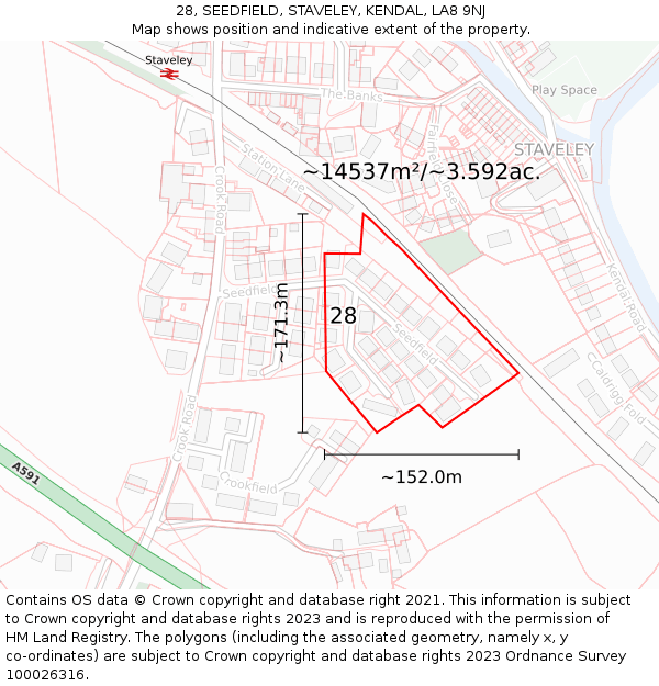 28, SEEDFIELD, STAVELEY, KENDAL, LA8 9NJ: Plot and title map