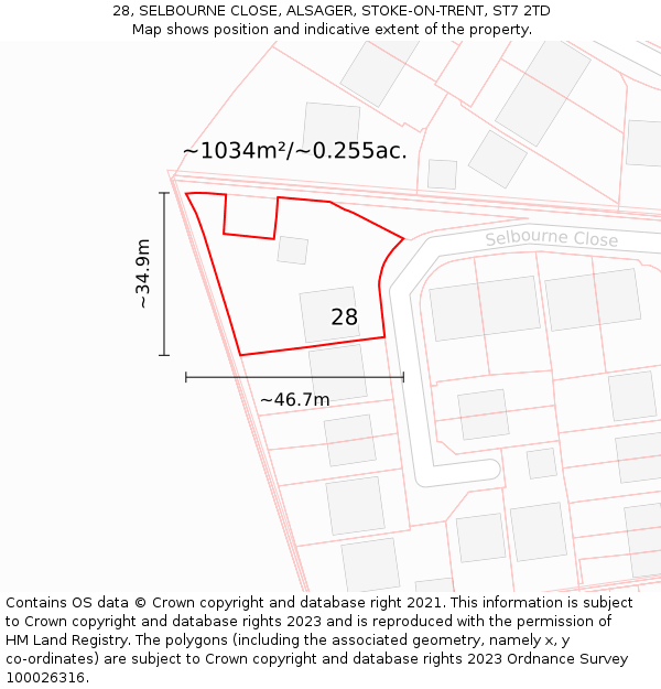 28, SELBOURNE CLOSE, ALSAGER, STOKE-ON-TRENT, ST7 2TD: Plot and title map