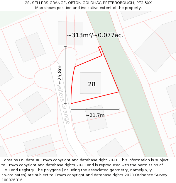 28, SELLERS GRANGE, ORTON GOLDHAY, PETERBOROUGH, PE2 5XX: Plot and title map