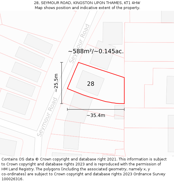 28, SEYMOUR ROAD, KINGSTON UPON THAMES, KT1 4HW: Plot and title map