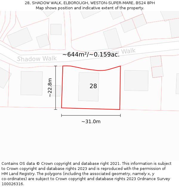 28, SHADOW WALK, ELBOROUGH, WESTON-SUPER-MARE, BS24 8PH: Plot and title map