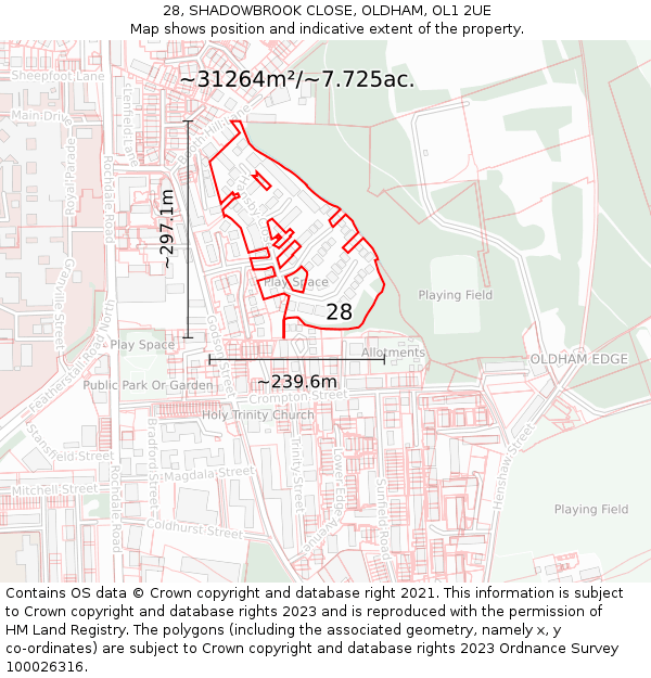 28, SHADOWBROOK CLOSE, OLDHAM, OL1 2UE: Plot and title map