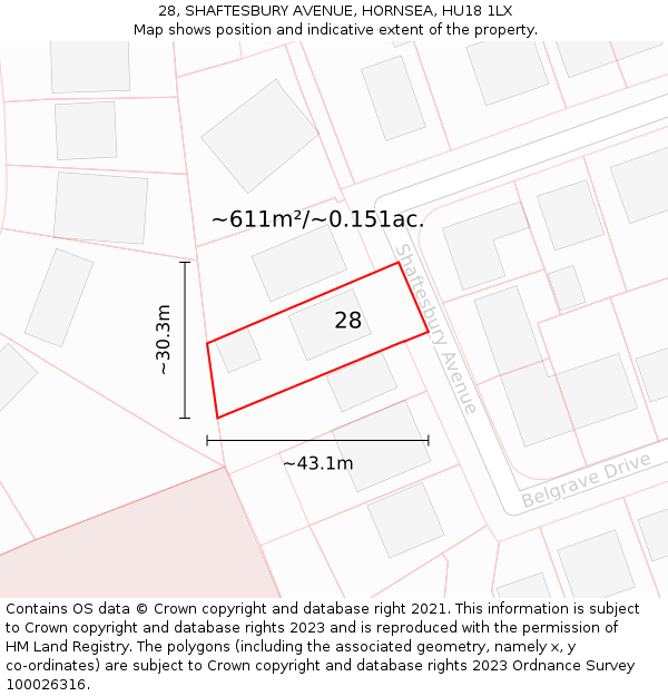 28, SHAFTESBURY AVENUE, HORNSEA, HU18 1LX: Plot and title map