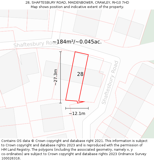 28, SHAFTESBURY ROAD, MAIDENBOWER, CRAWLEY, RH10 7HD: Plot and title map