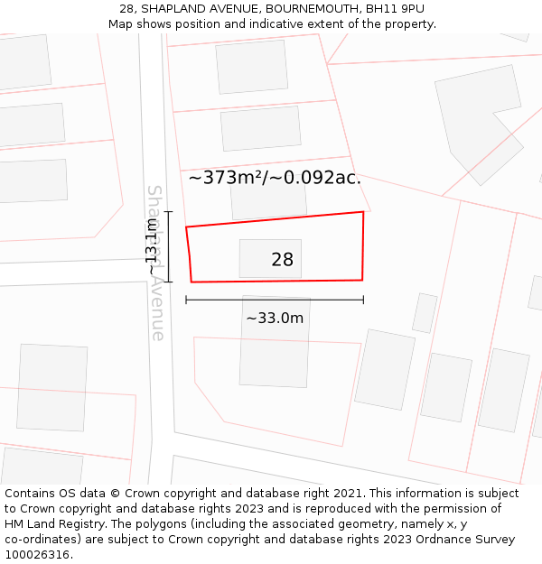 28, SHAPLAND AVENUE, BOURNEMOUTH, BH11 9PU: Plot and title map