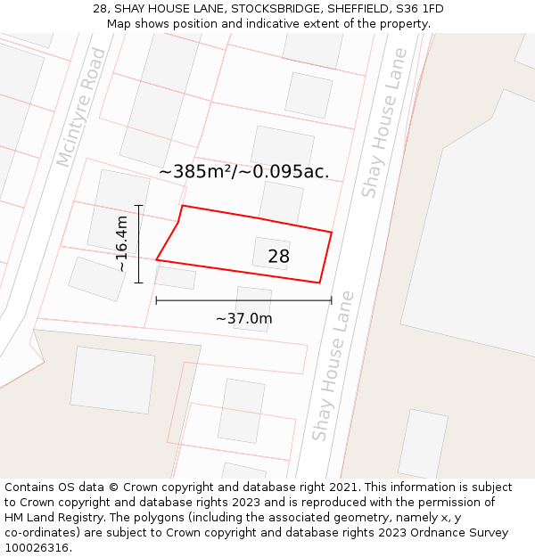 28, SHAY HOUSE LANE, STOCKSBRIDGE, SHEFFIELD, S36 1FD: Plot and title map