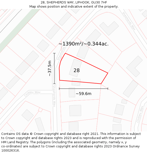 28, SHEPHERDS WAY, LIPHOOK, GU30 7HF: Plot and title map