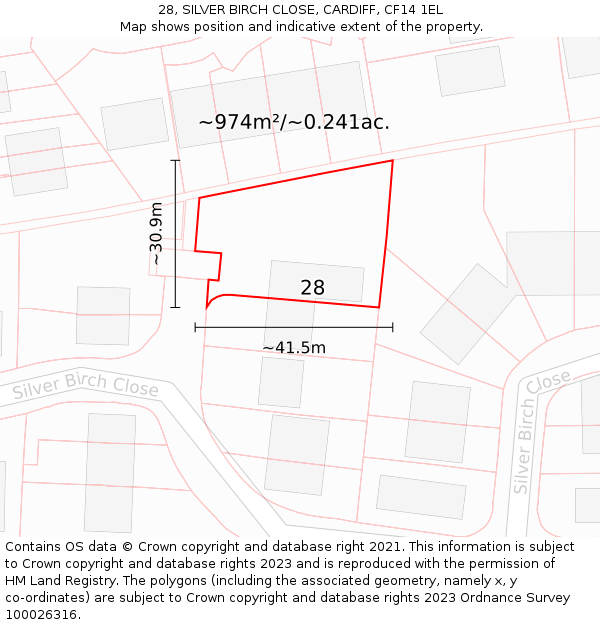 28, SILVER BIRCH CLOSE, CARDIFF, CF14 1EL: Plot and title map