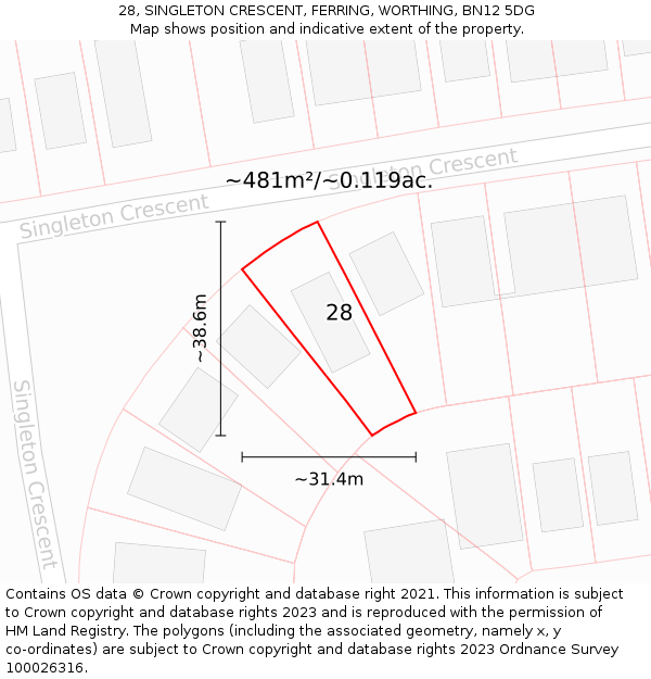 28, SINGLETON CRESCENT, FERRING, WORTHING, BN12 5DG: Plot and title map