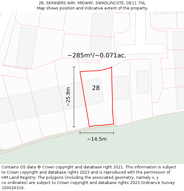 28, SKINNERS WAY, MIDWAY, SWADLINCOTE, DE11 7NL: Plot and title map