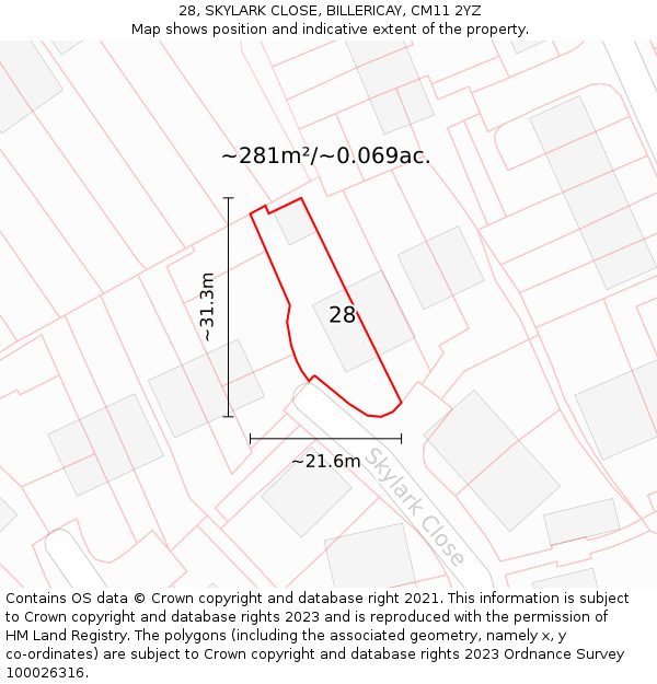 28, SKYLARK CLOSE, BILLERICAY, CM11 2YZ: Plot and title map