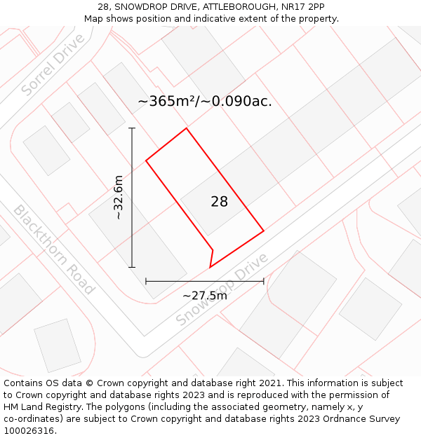 28, SNOWDROP DRIVE, ATTLEBOROUGH, NR17 2PP: Plot and title map