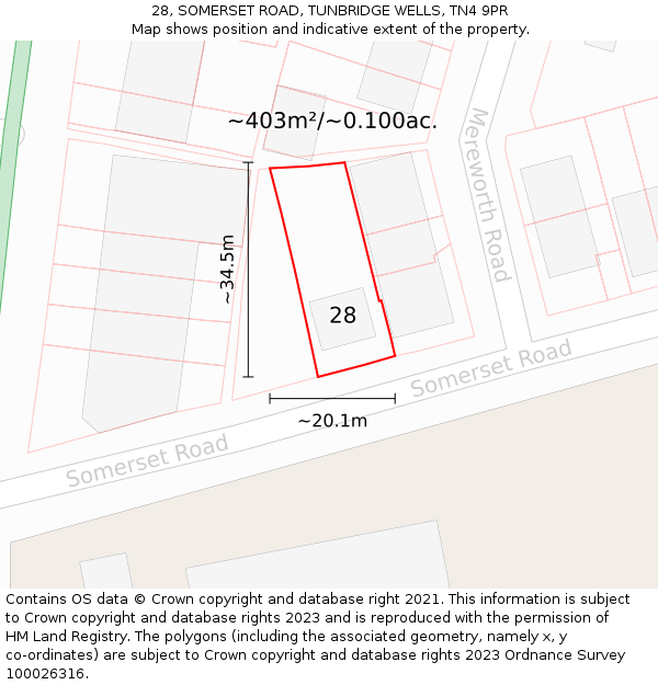 28, SOMERSET ROAD, TUNBRIDGE WELLS, TN4 9PR: Plot and title map