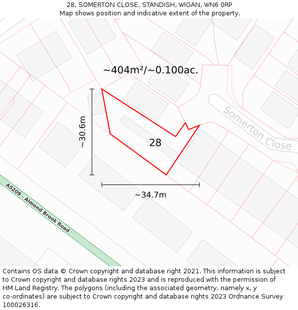 28, SOMERTON CLOSE, STANDISH, WIGAN, WN6 0RP: Plot and title map