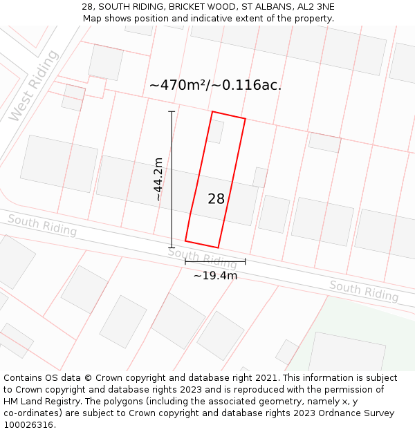 28, SOUTH RIDING, BRICKET WOOD, ST ALBANS, AL2 3NE: Plot and title map