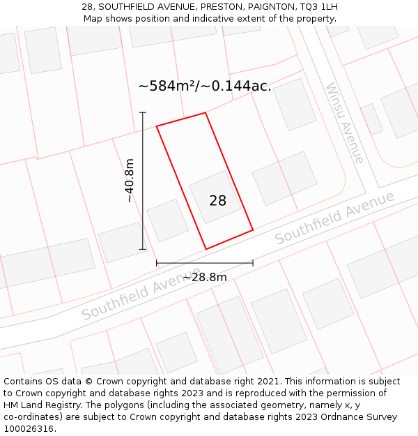 28, SOUTHFIELD AVENUE, PRESTON, PAIGNTON, TQ3 1LH: Plot and title map