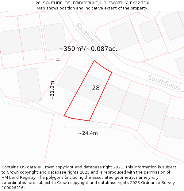 28, SOUTHFIELDS, BRIDGERULE, HOLSWORTHY, EX22 7DX: Plot and title map